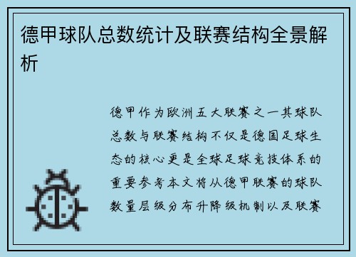 德甲球队总数统计及联赛结构全景解析