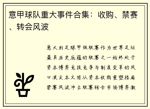 意甲球队重大事件合集：收购、禁赛、转会风波
